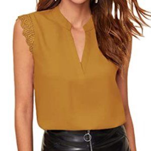 Women's Elegant Notch V Neck Sleeveless Blouse Guipure Lace Work Office Solid To